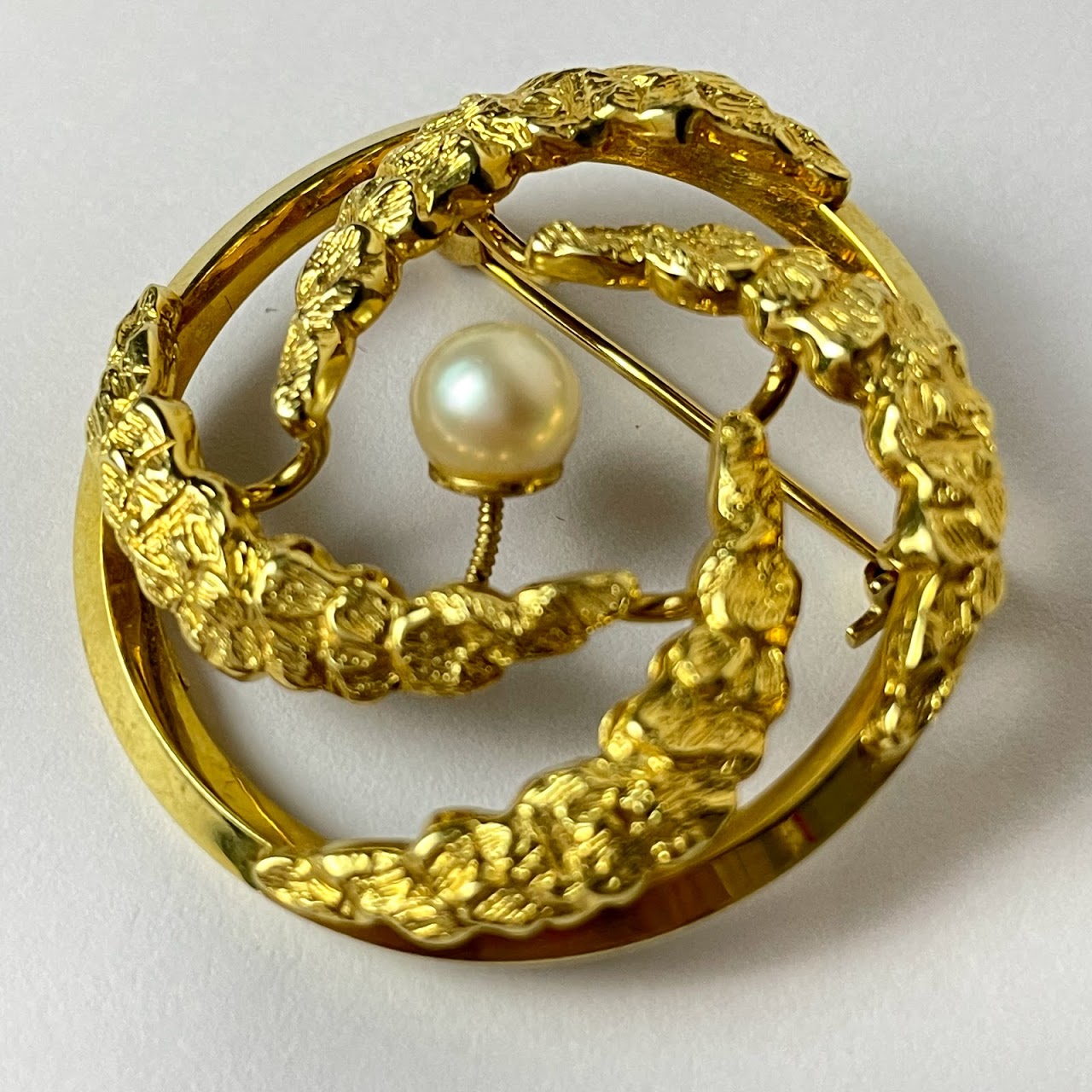 14K Gold & Pearl Circle Brooch