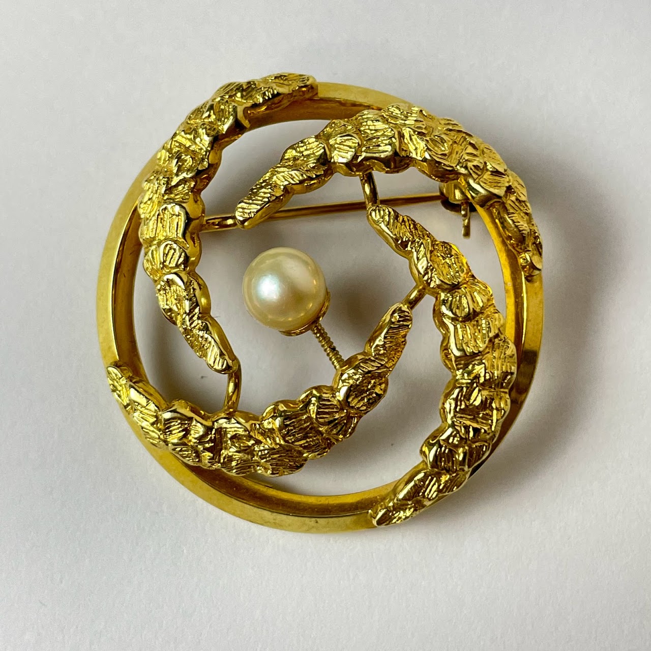 14K Gold & Pearl Circle Brooch