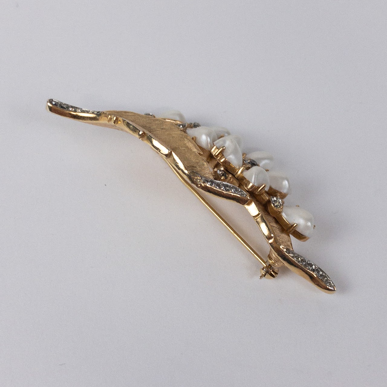 Trifari Crown Brooch With Rhinestones & Seed Pearl Look Beads