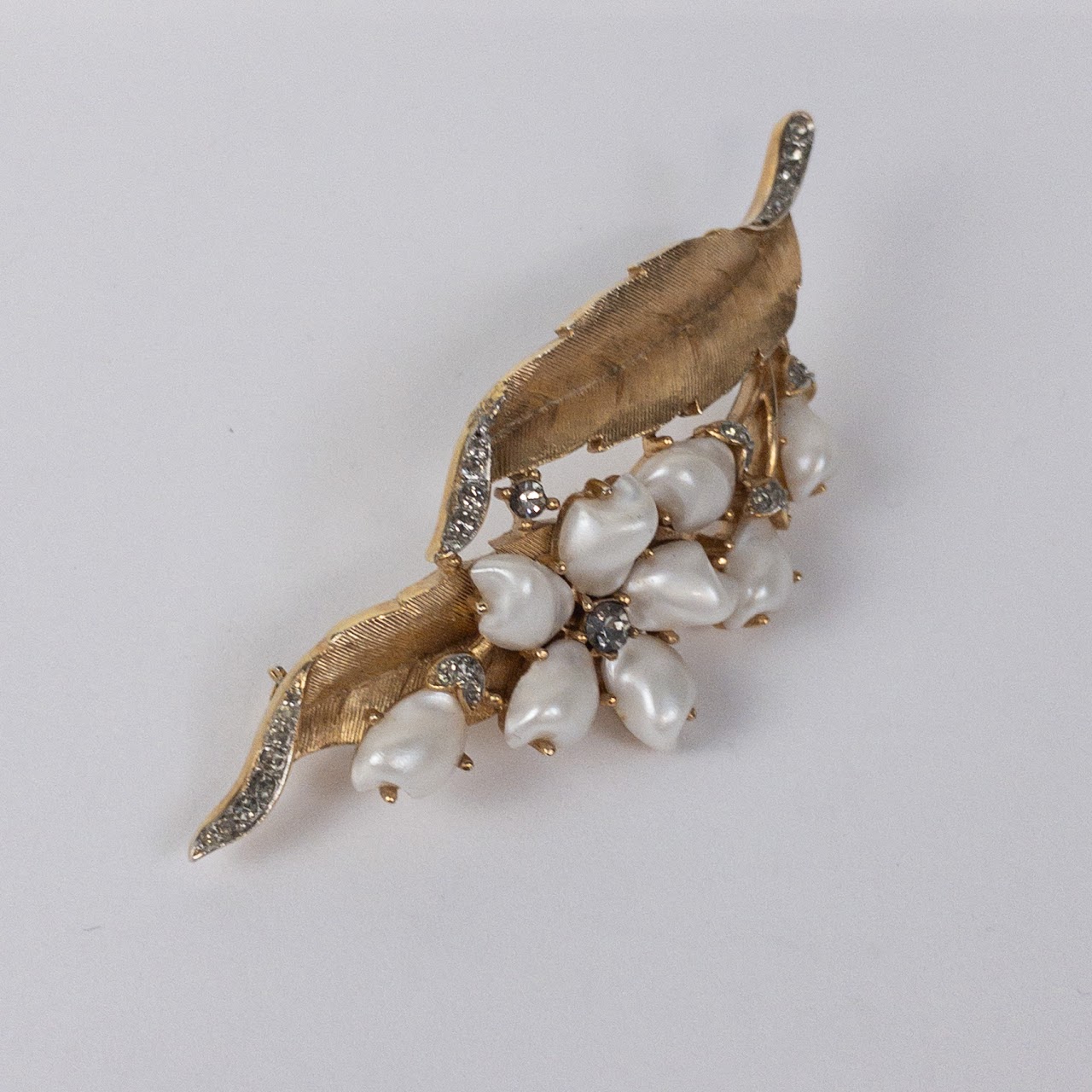 Trifari Crown Brooch With Rhinestones & Seed Pearl Look Beads