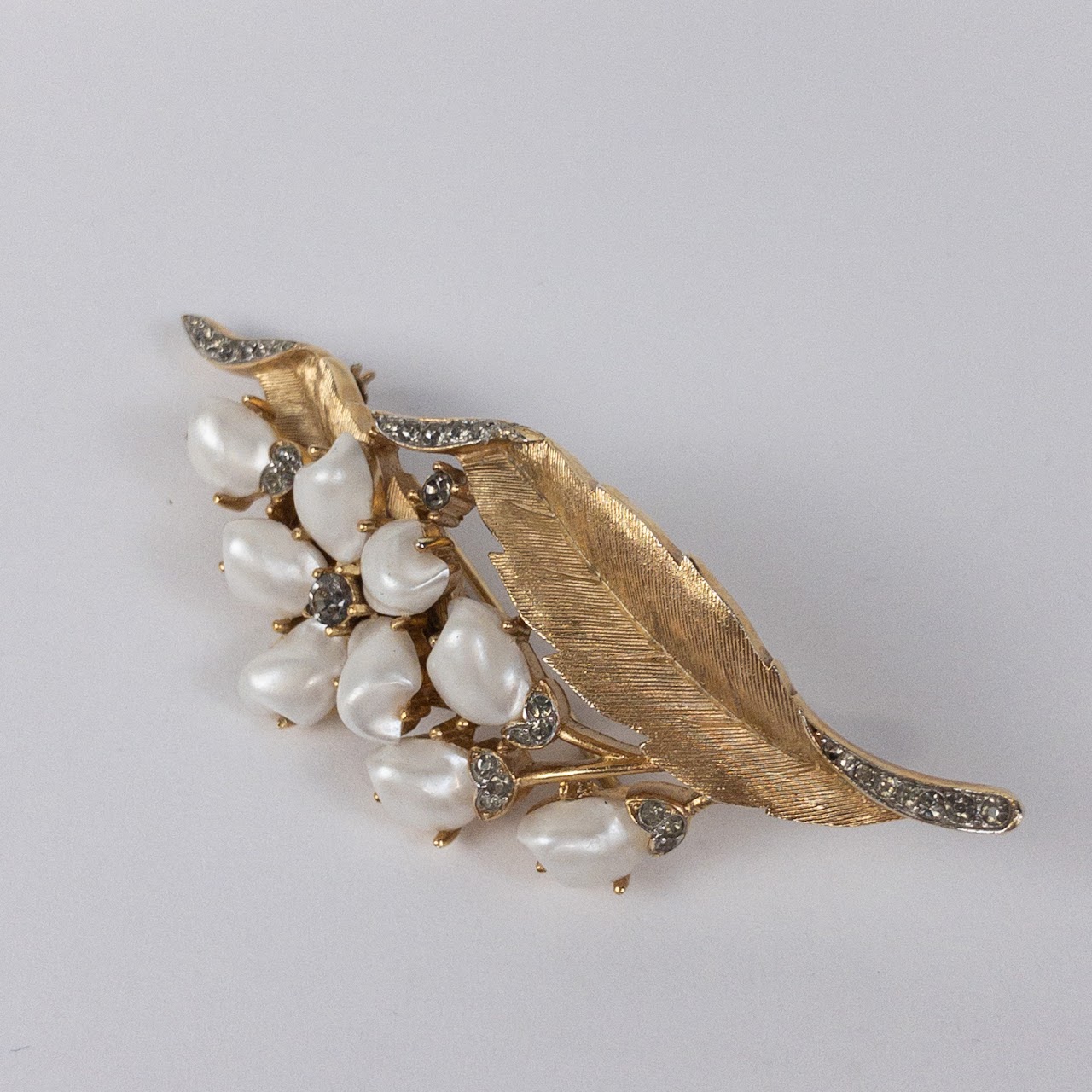 Trifari Crown Brooch With Rhinestones & Seed Pearl Look Beads