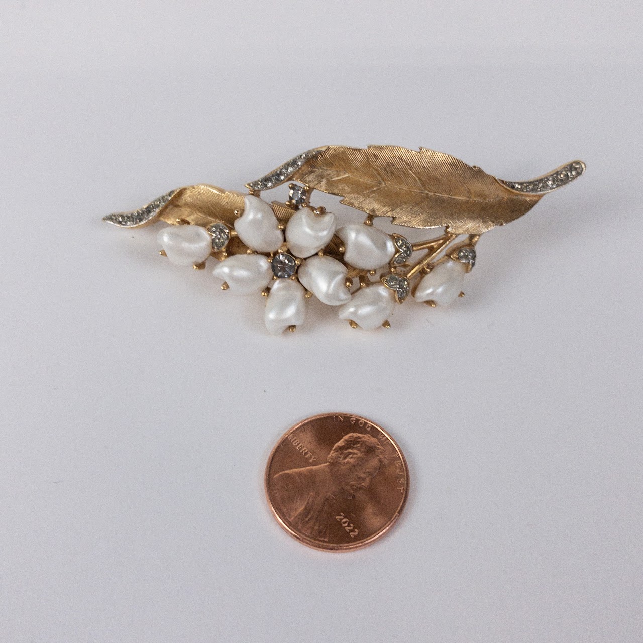 Trifari Crown Brooch With Rhinestones & Seed Pearl Look Beads