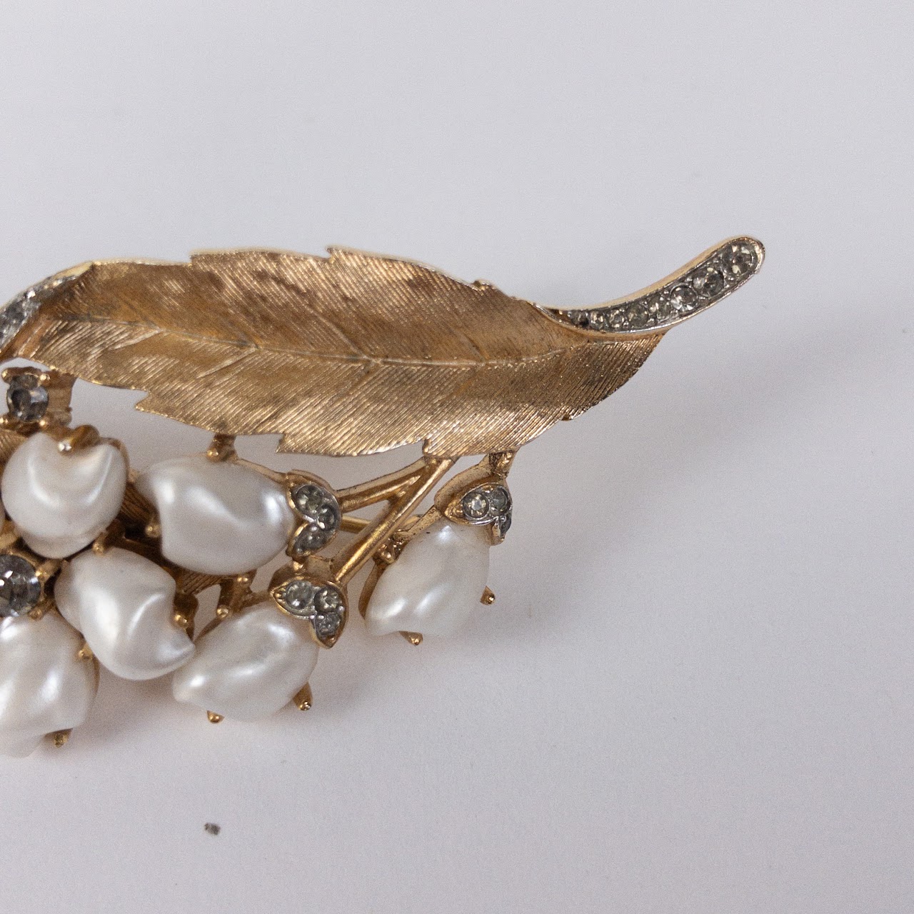 Trifari Crown Brooch With Rhinestones & Seed Pearl Look Beads