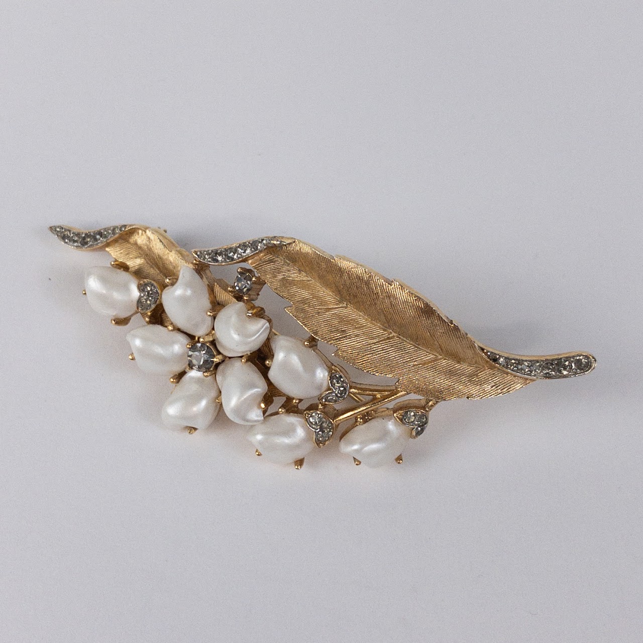 Trifari Crown Brooch With Rhinestones & Seed Pearl Look Beads