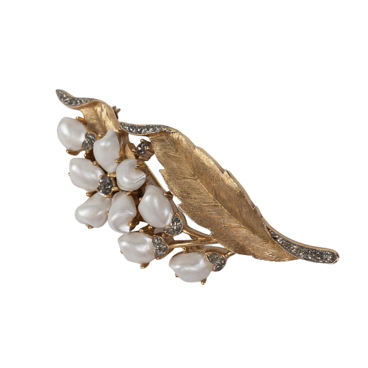 Trifari Crown Brooch With Rhinestones & Seed Pearl Look Beads