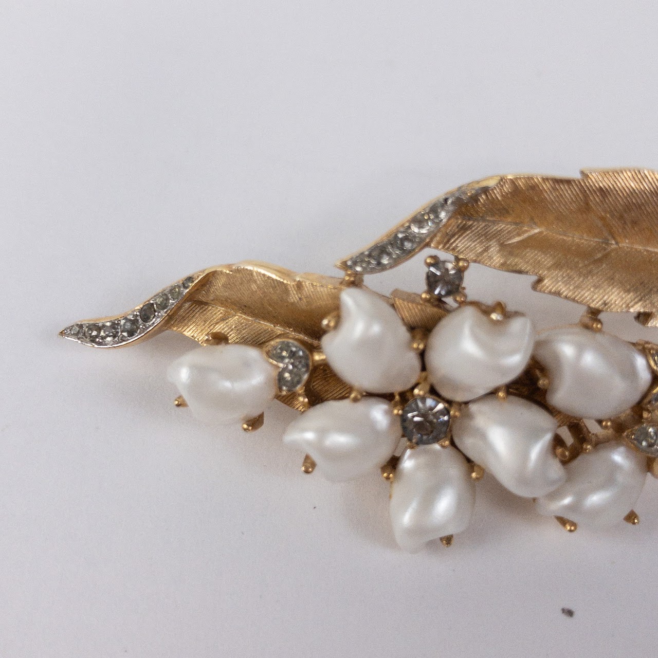 Trifari Crown Brooch With Rhinestones & Seed Pearl Look Beads