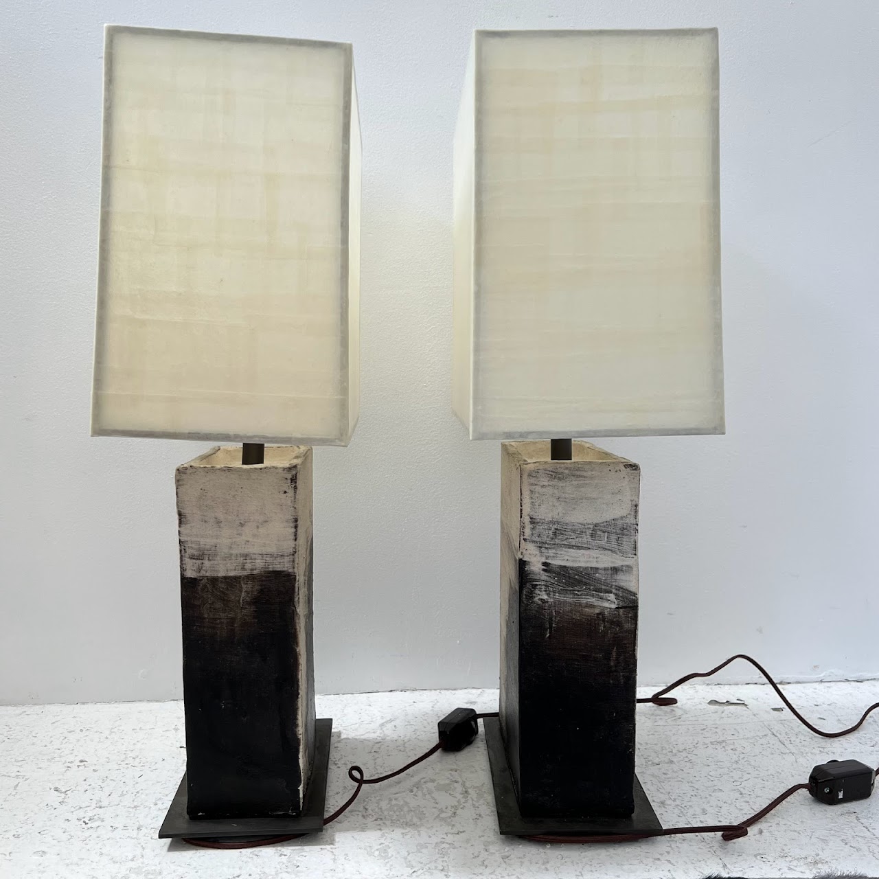 Brutalist Steel & Ceramic Table Lamp Pair with Vellum Shades