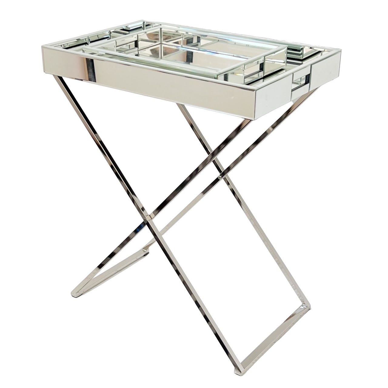 Mirrored Campaign Tray Table with Serving Tray