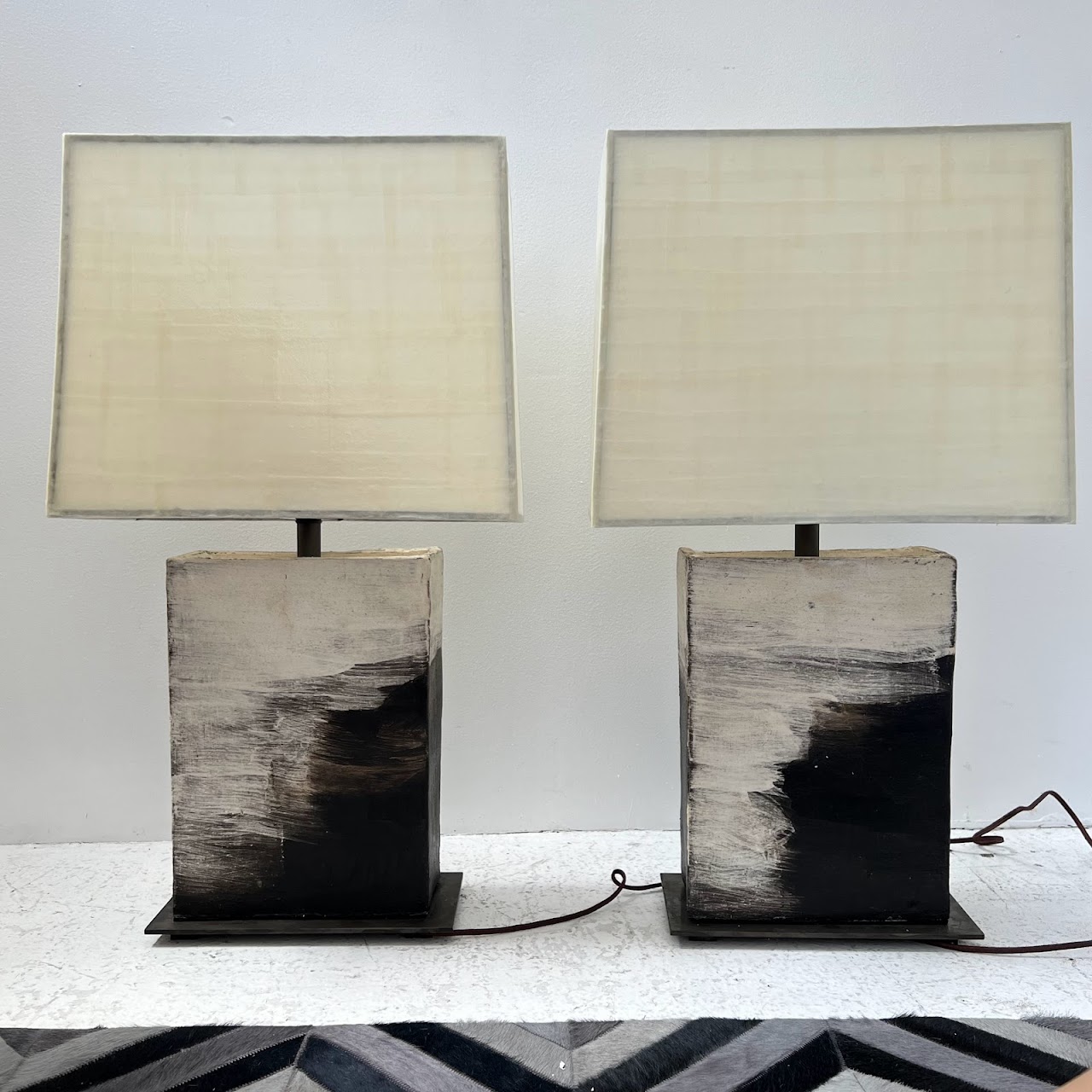 Brutalist Steel & Ceramic Table Lamp Pair with Vellum Shades