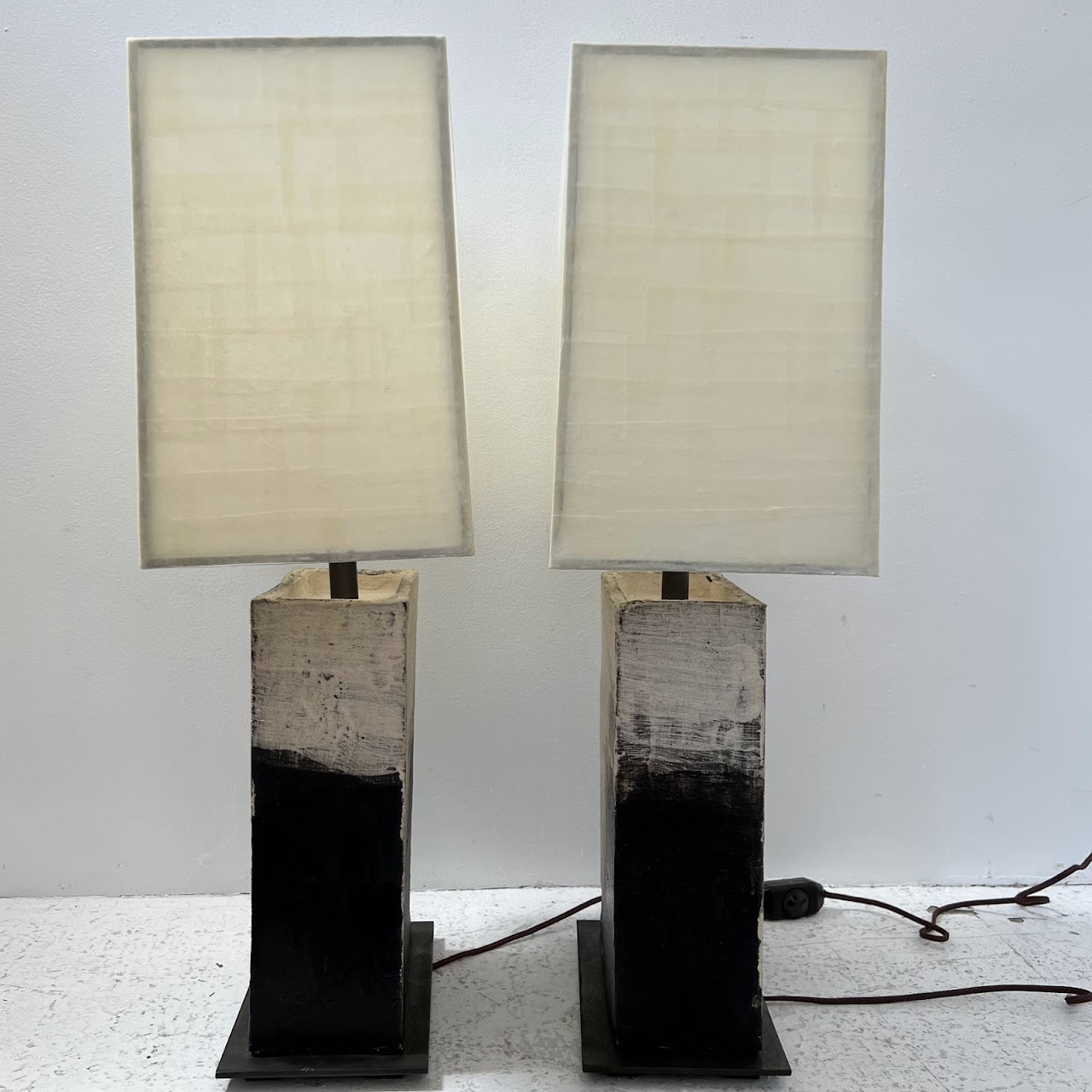 Brutalist Steel & Ceramic Table Lamp Pair with Vellum Shades