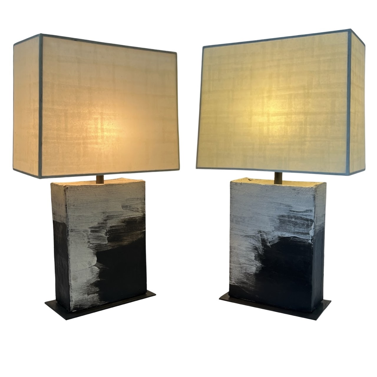 Brutalist Steel & Ceramic Table Lamp Pair with Vellum Shades