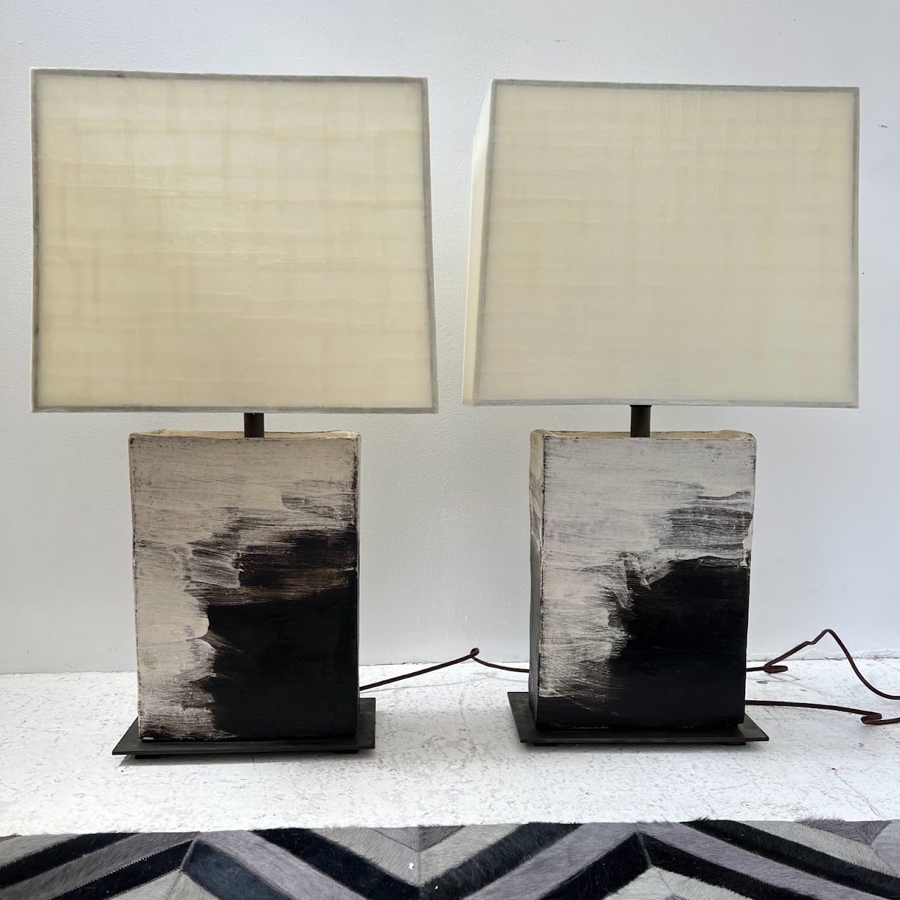 Brutalist Steel & Ceramic Table Lamp Pair with Vellum Shades