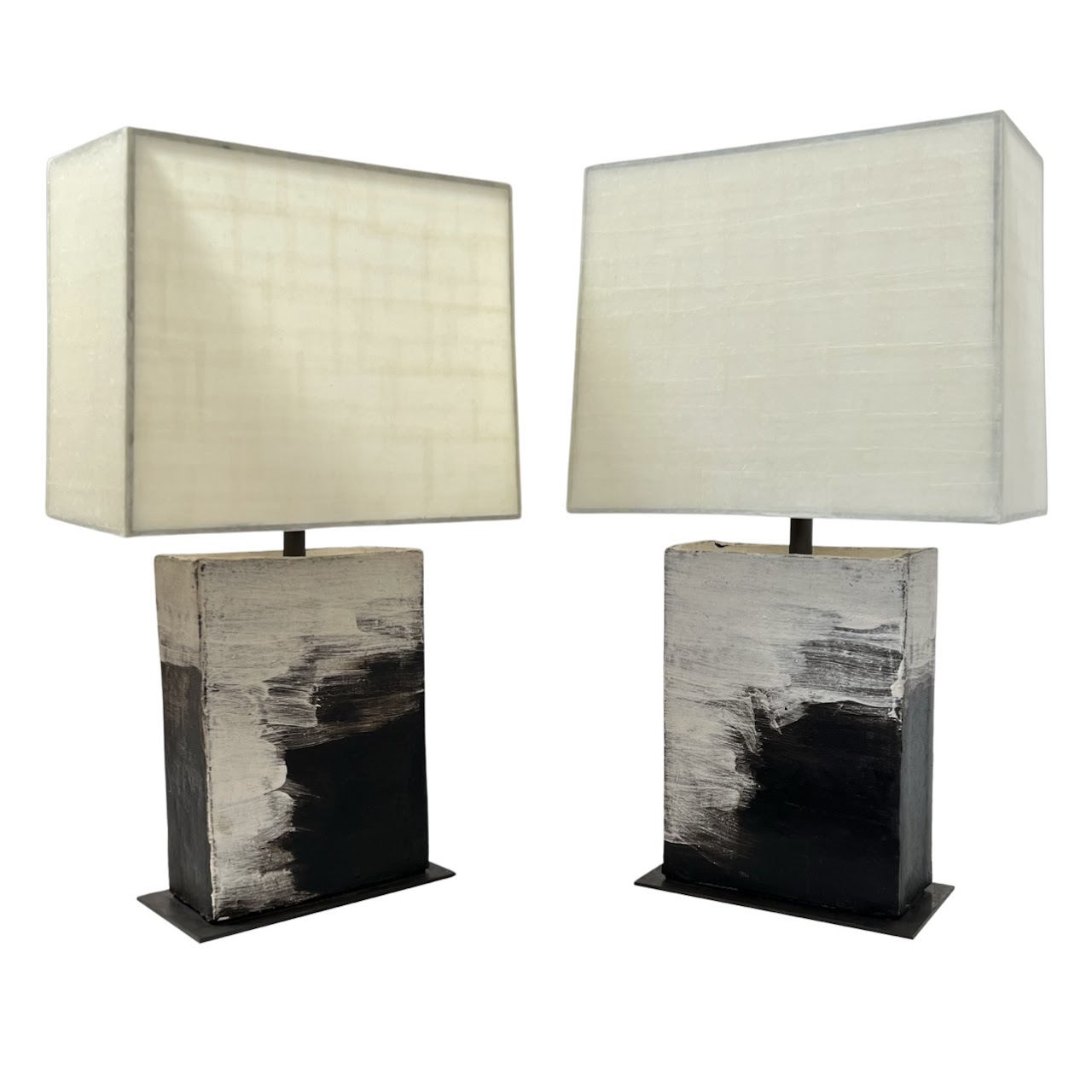 Brutalist Steel & Ceramic Table Lamp Pair with Vellum Shades