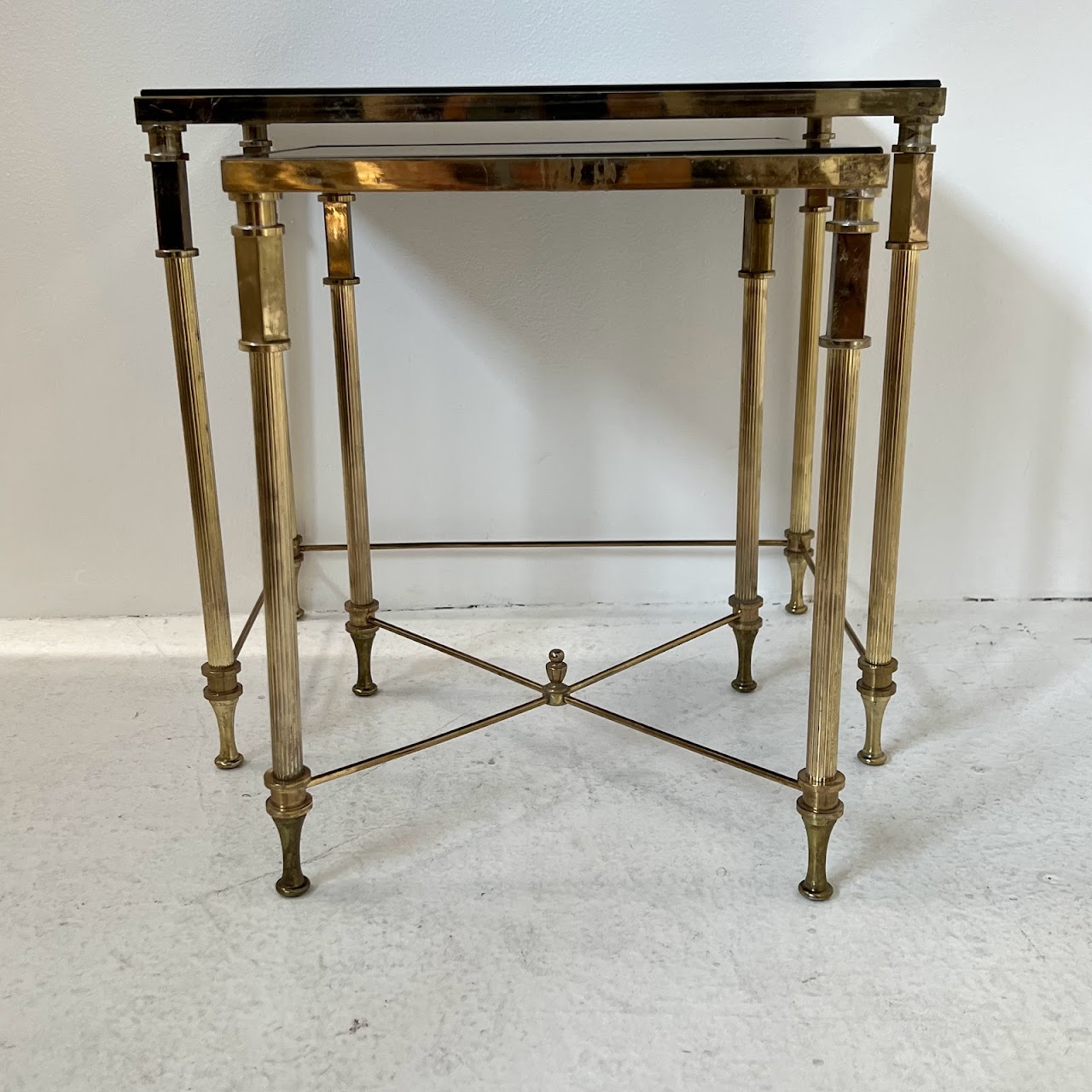 Regency Style Brass Glass-Top Nesting Table Pair