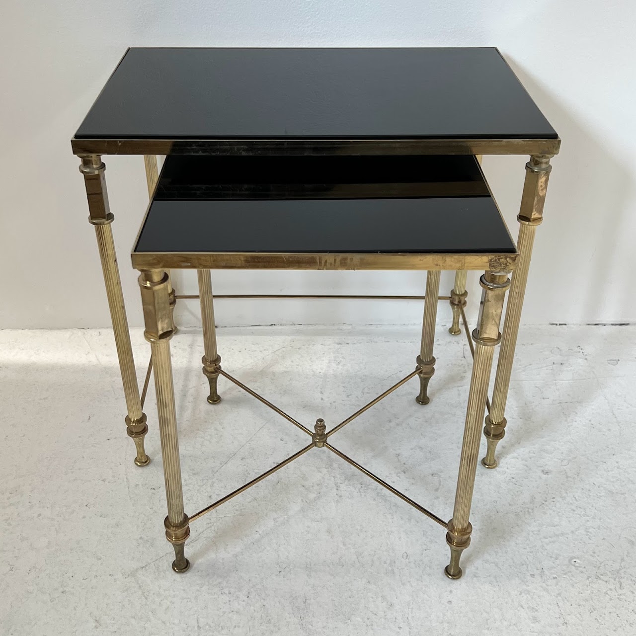 Regency Style Brass Glass-Top Nesting Table Pair