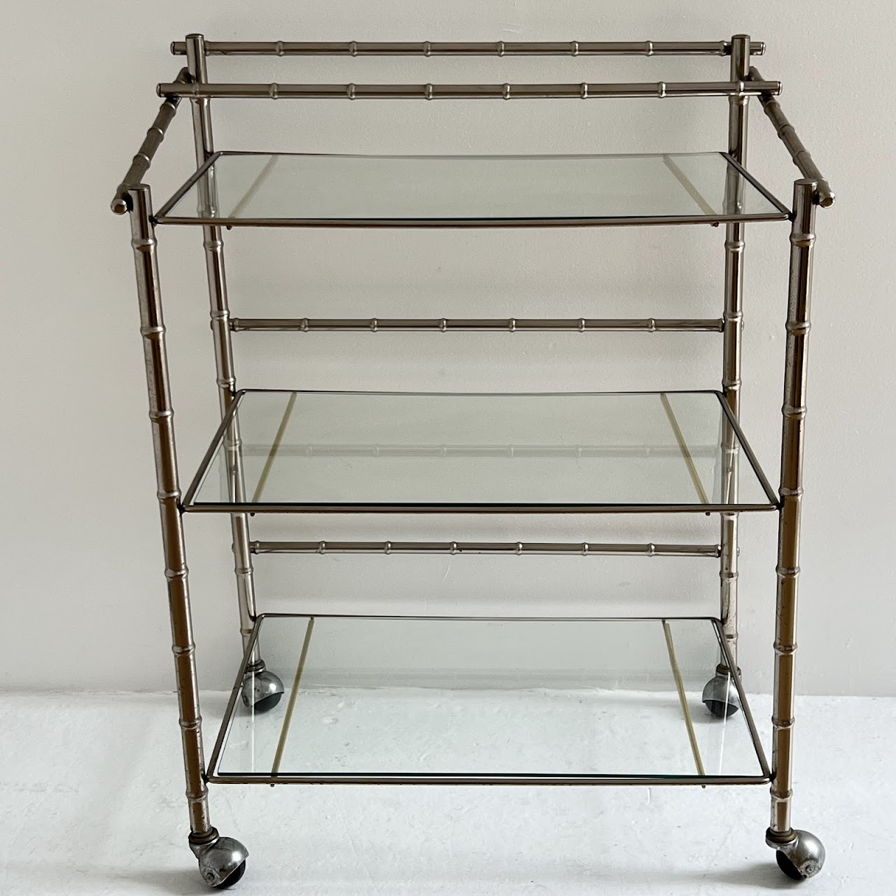 Mid-Century Modern Faux Bamboo Chrome and Glass Bar Cart