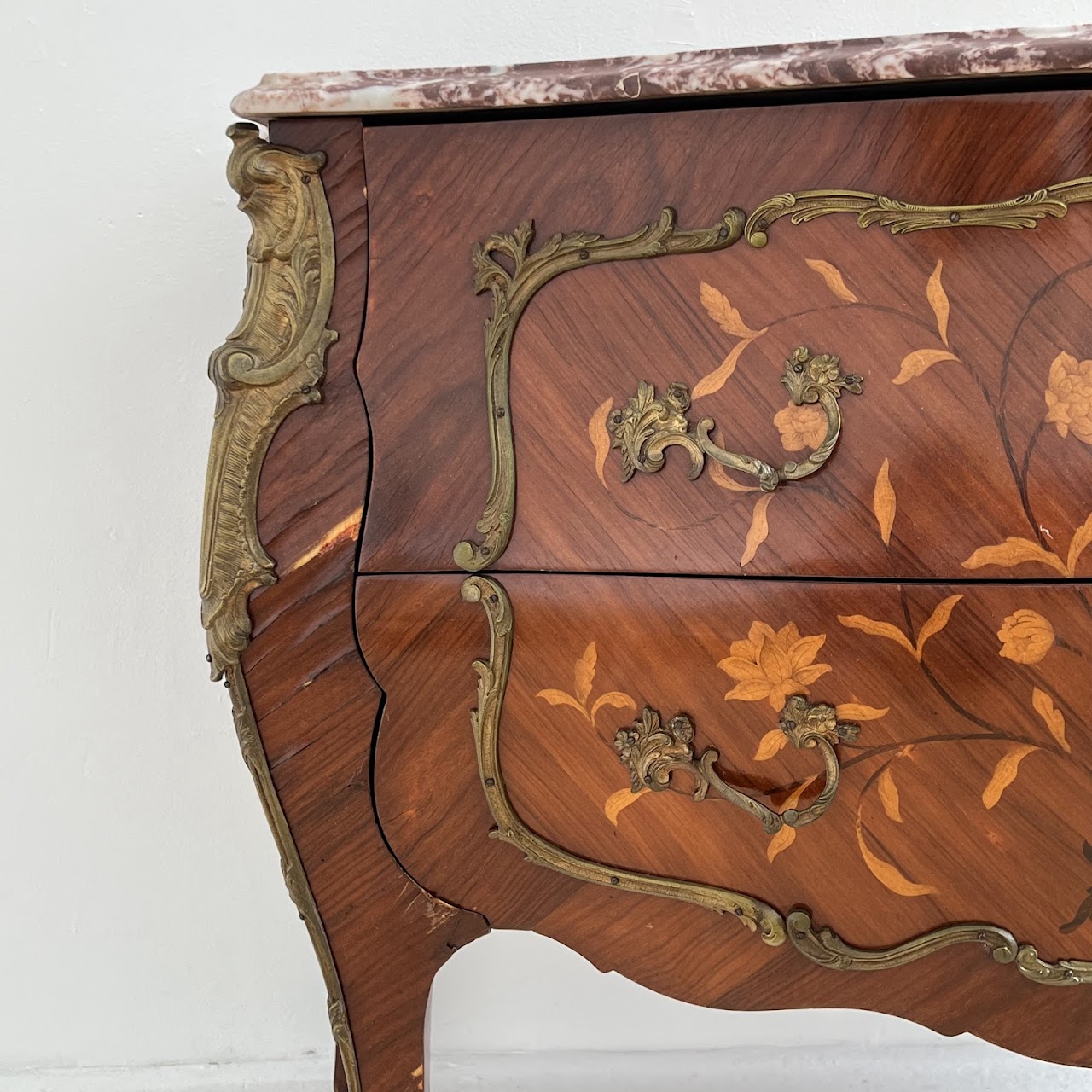 Louis XV Style Marquetry Inlaid Marble Top Commode