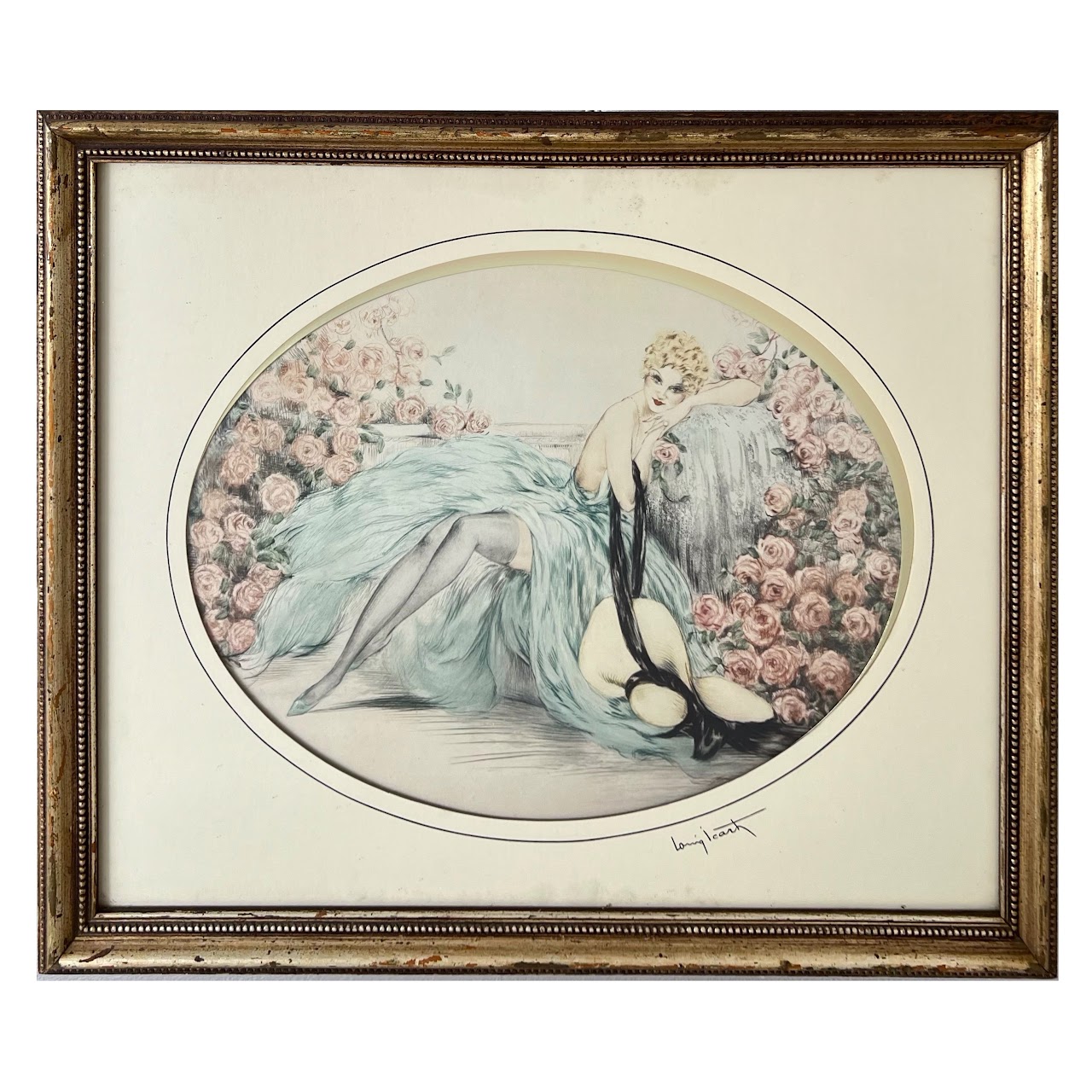 After Louis Icart 'Woman with Pink Roses' Framed Print