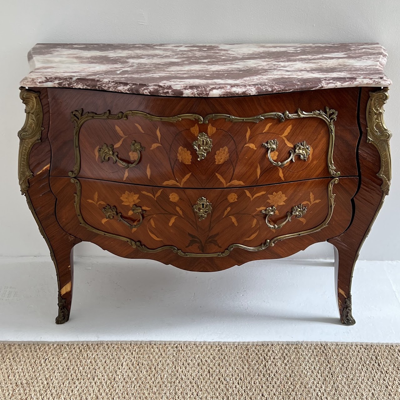 Louis XV Style Marquetry Inlaid Marble Top Commode