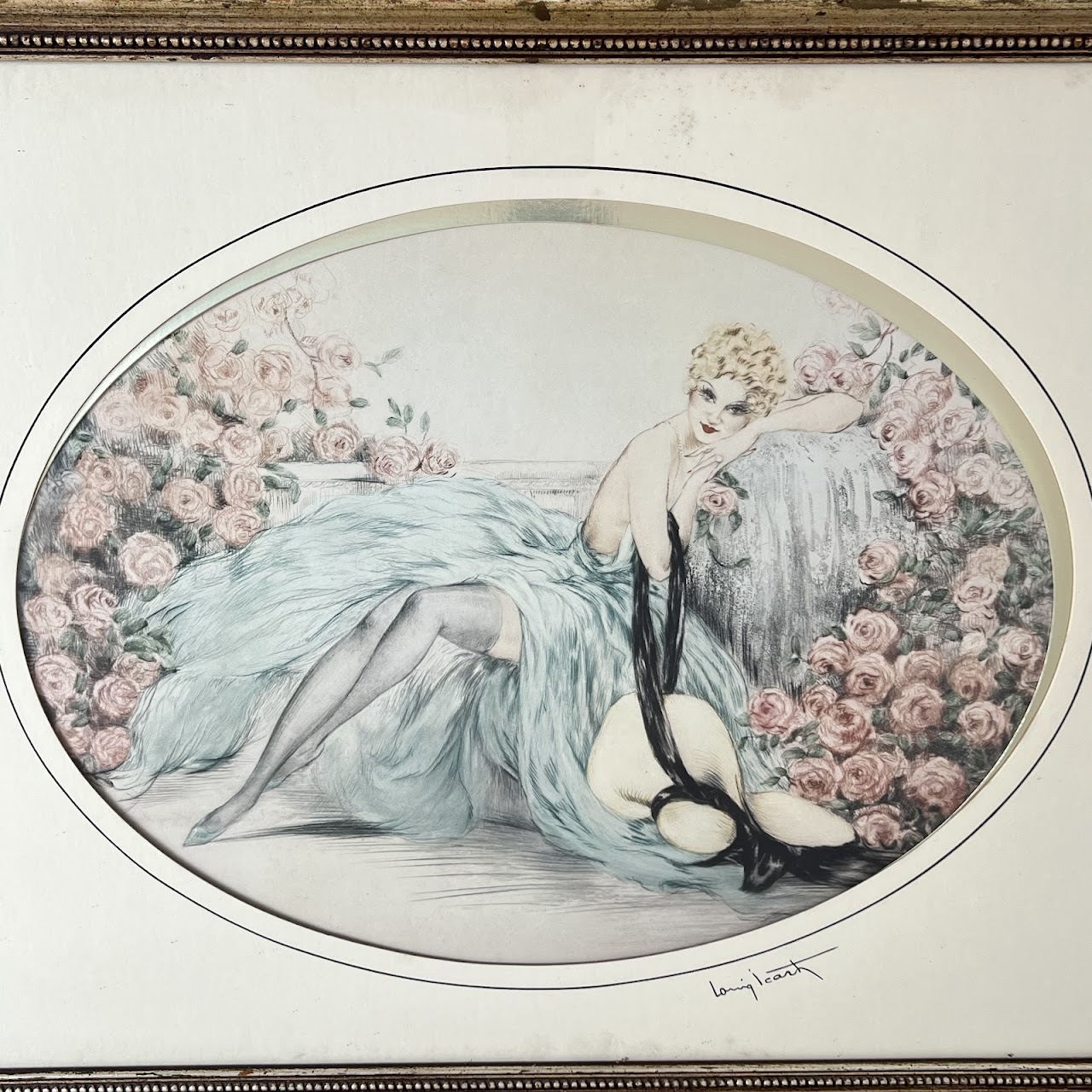 After Louis Icart 'Woman with Pink Roses' Framed Print