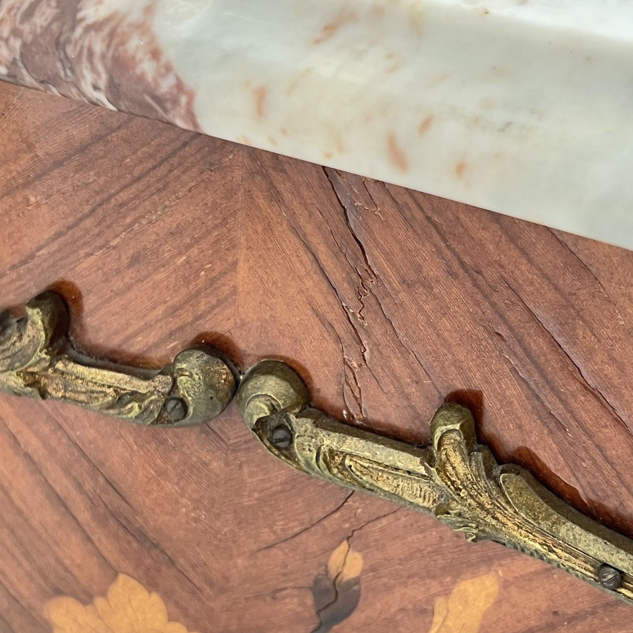 Louis XV Style Marquetry Inlaid Marble Top Commode