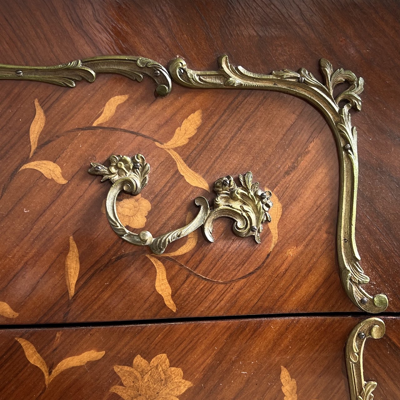 Louis XV Style Marquetry Inlaid Marble Top Commode