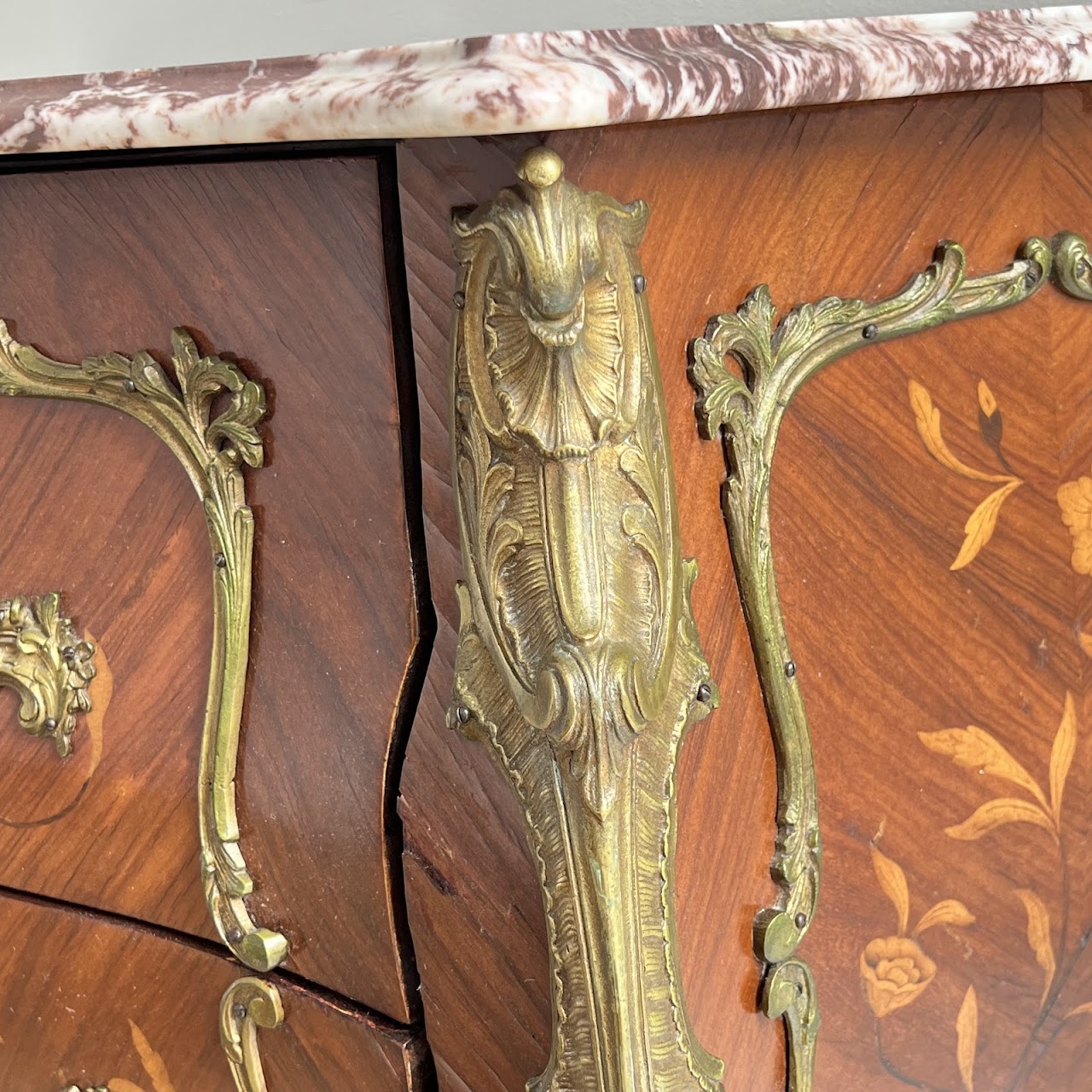 Louis XV Style Marquetry Inlaid Marble Top Commode