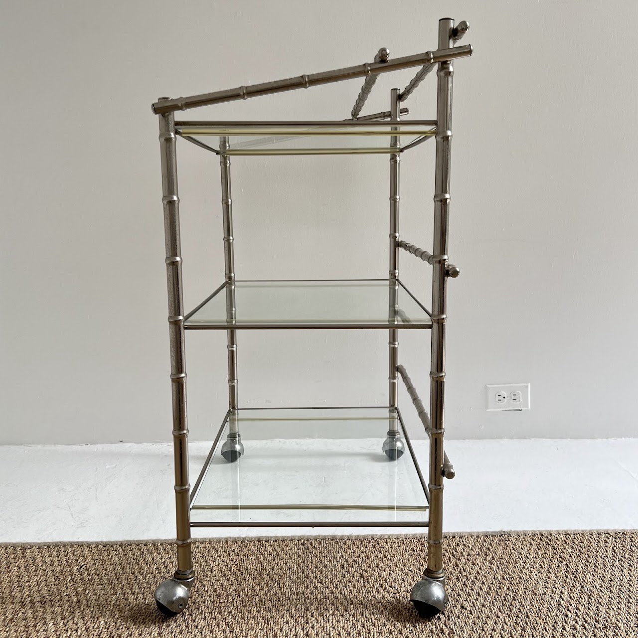 Mid-Century Modern Faux Bamboo Chrome and Glass Bar Cart