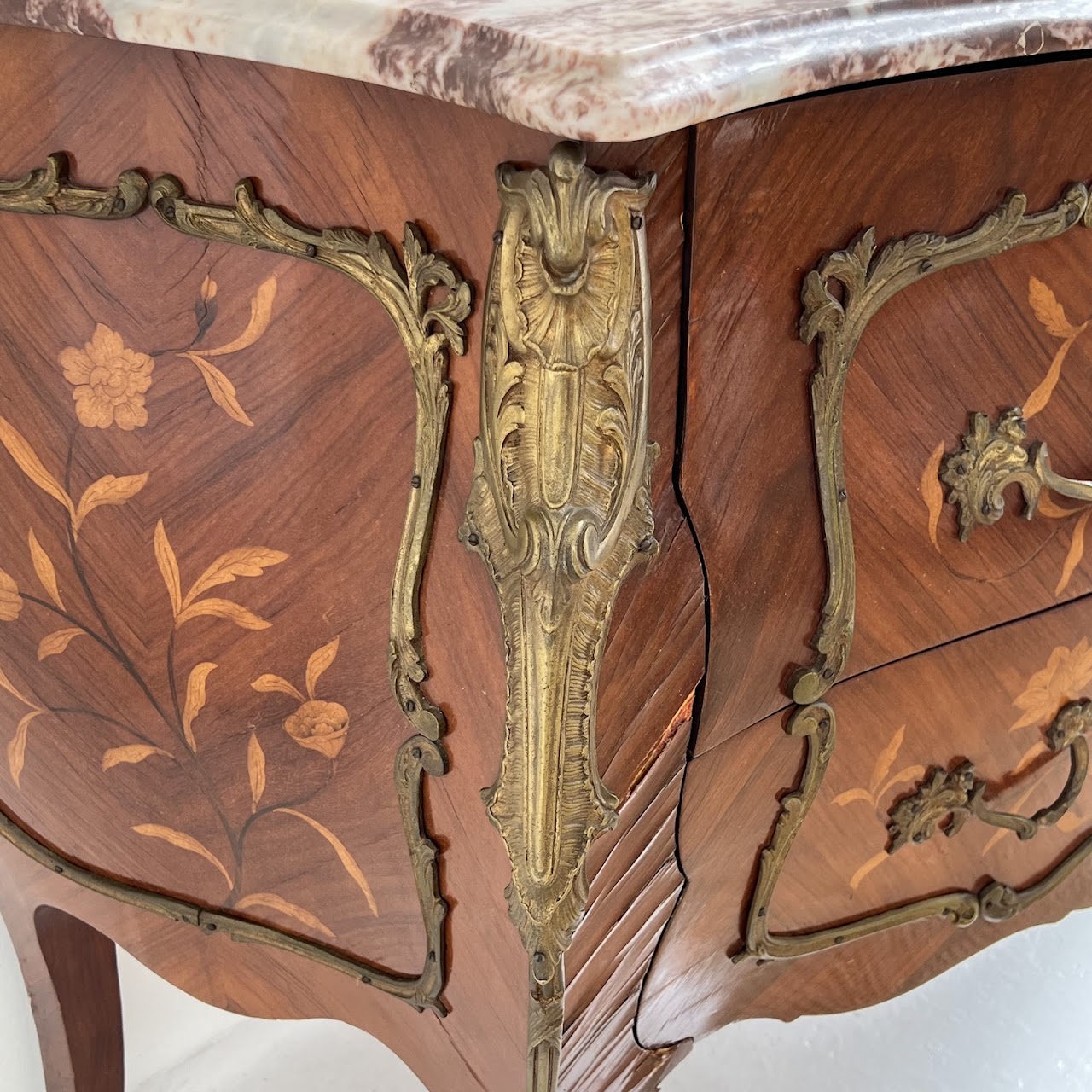 Louis XV Style Marquetry Inlaid Marble Top Commode