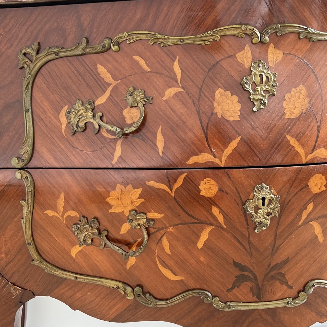 Louis XV Style Marquetry Inlaid Marble Top Commode