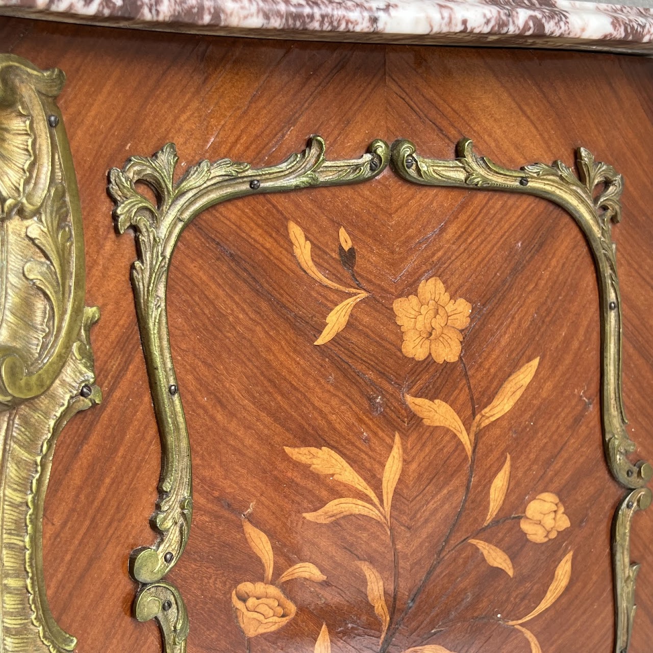 Louis XV Style Marquetry Inlaid Marble Top Commode