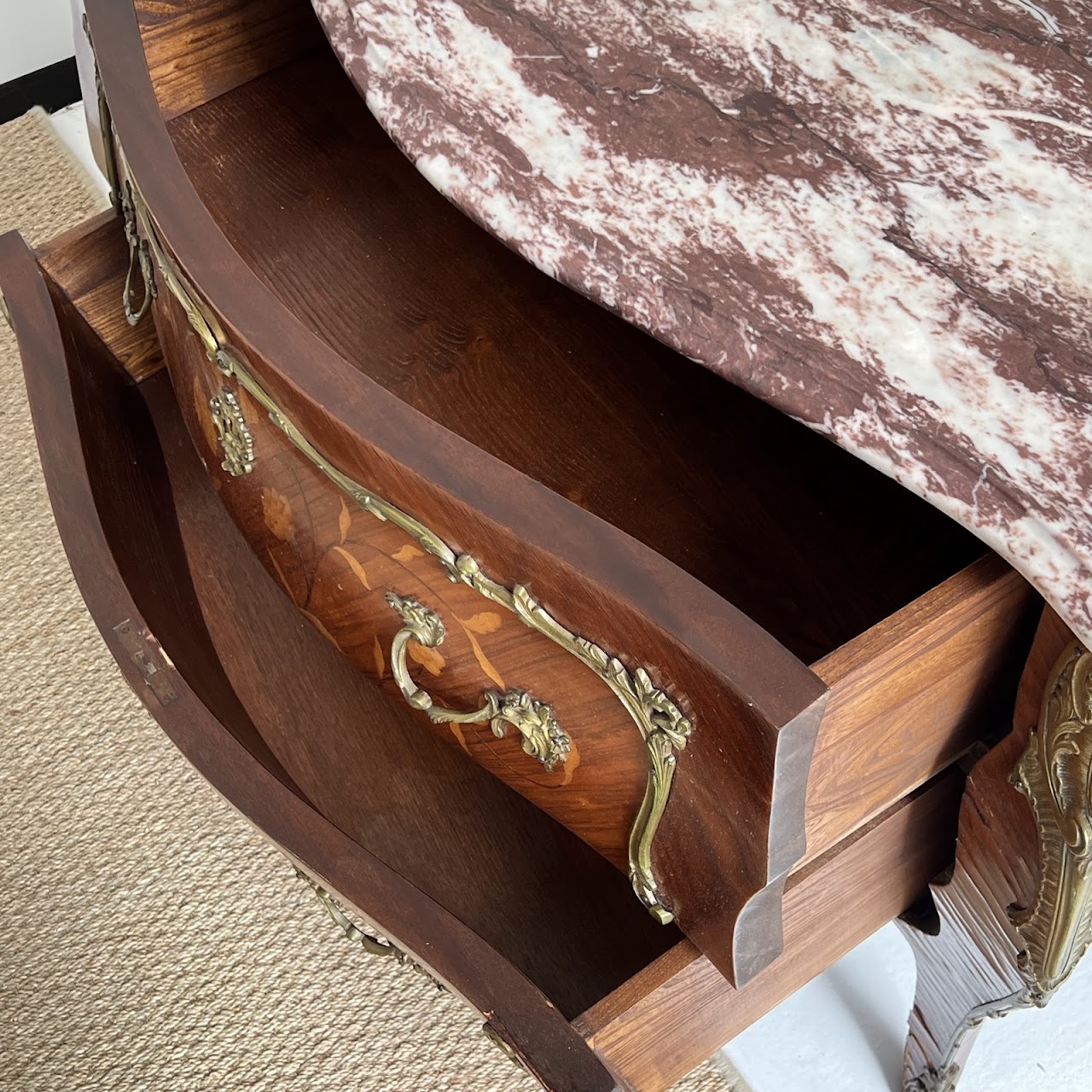 Louis XV Style Marquetry Inlaid Marble Top Commode