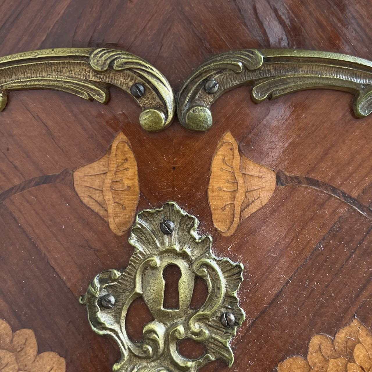 Louis XV Style Marquetry Inlaid Marble Top Commode