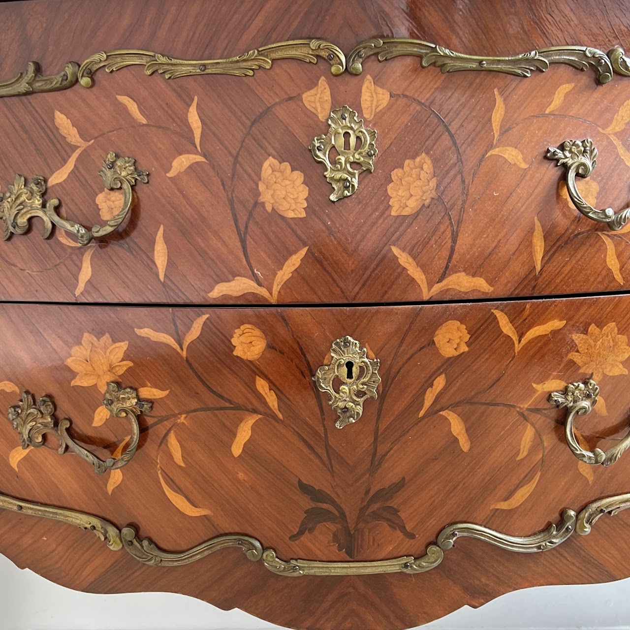 Louis XV Style Marquetry Inlaid Marble Top Commode