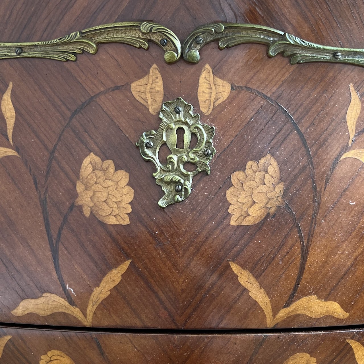 Louis XV Style Marquetry Inlaid Marble Top Commode