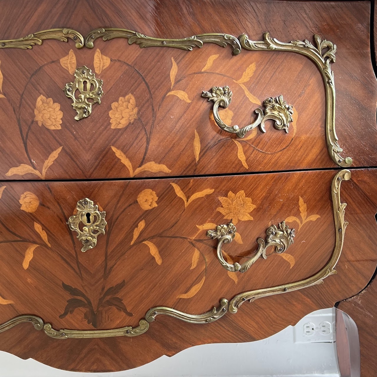 Louis XV Style Marquetry Inlaid Marble Top Commode