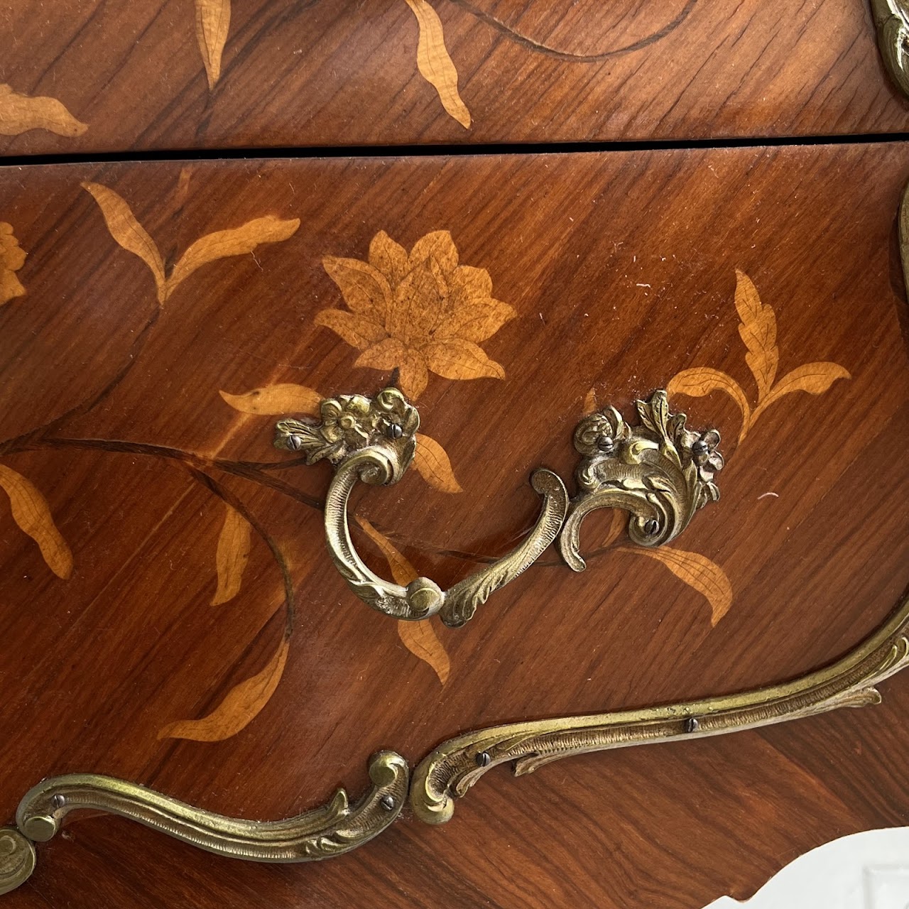 Louis XV Style Marquetry Inlaid Marble Top Commode