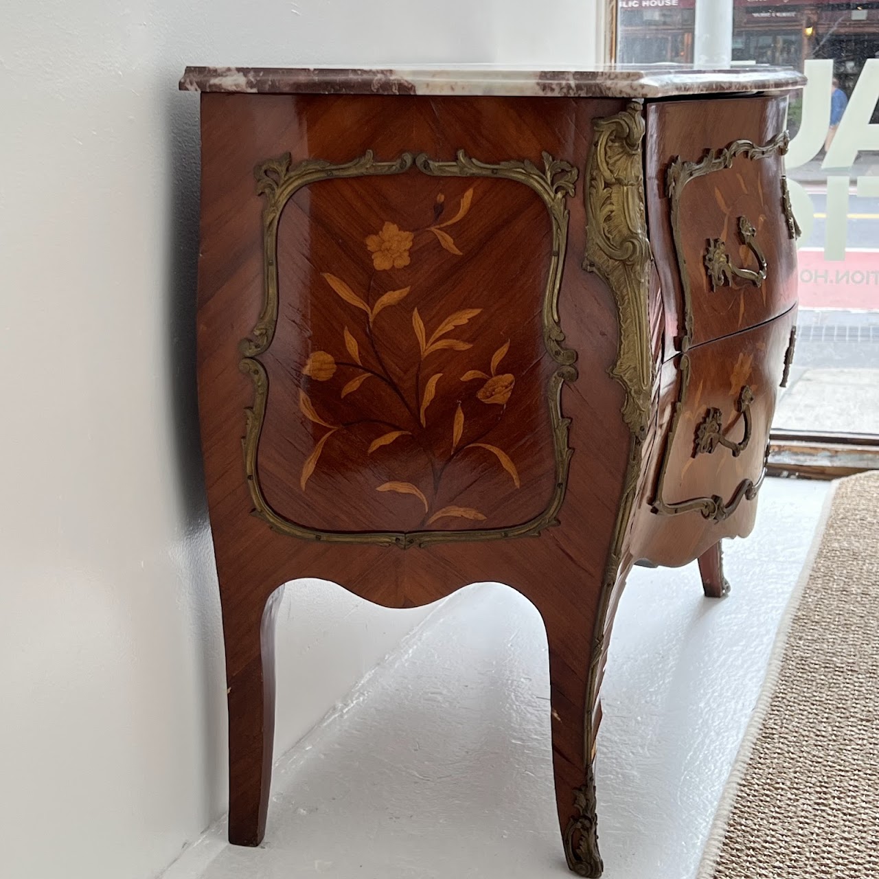 Louis XV Style Marquetry Inlaid Marble Top Commode