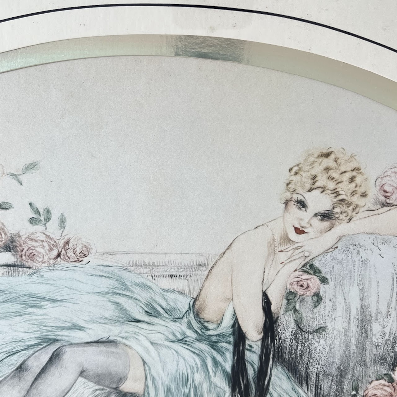 After Louis Icart 'Woman with Pink Roses' Framed Print