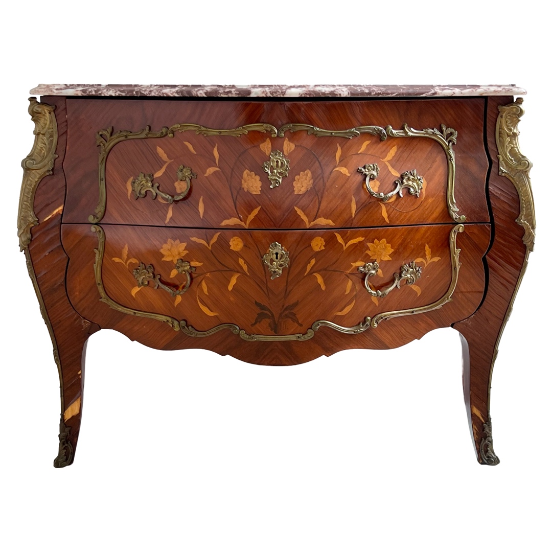 Louis XV Style Marquetry Inlaid Marble Top Commode