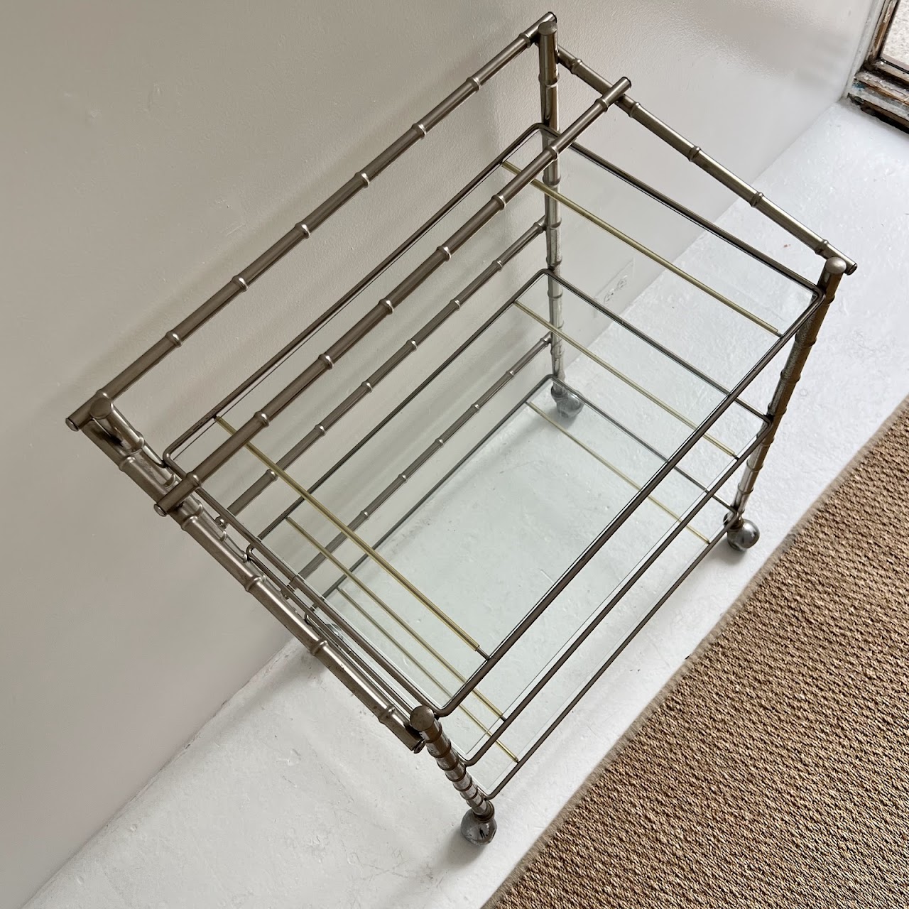 Mid-Century Modern Faux Bamboo Chrome and Glass Bar Cart