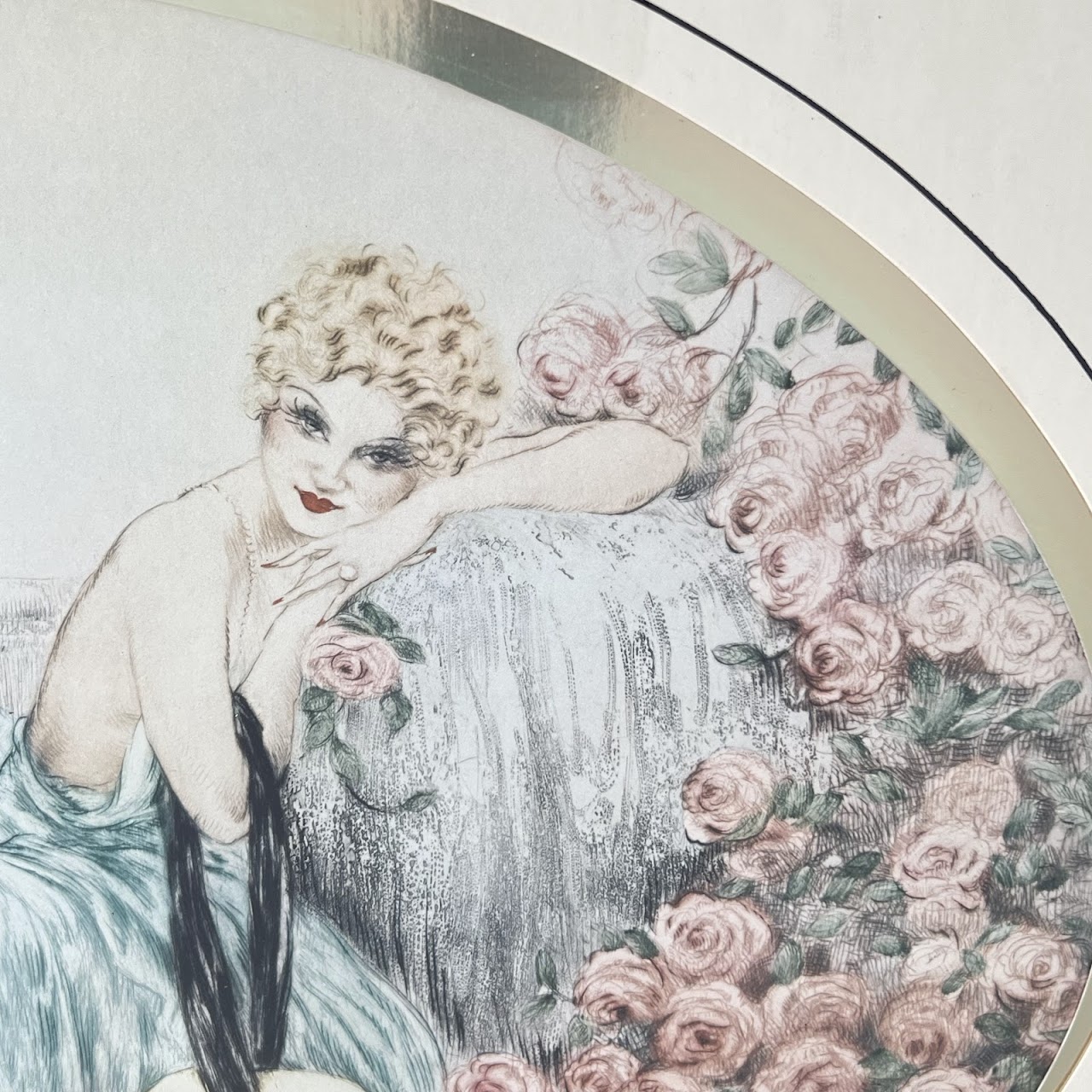 After Louis Icart 'Woman with Pink Roses' Framed Print