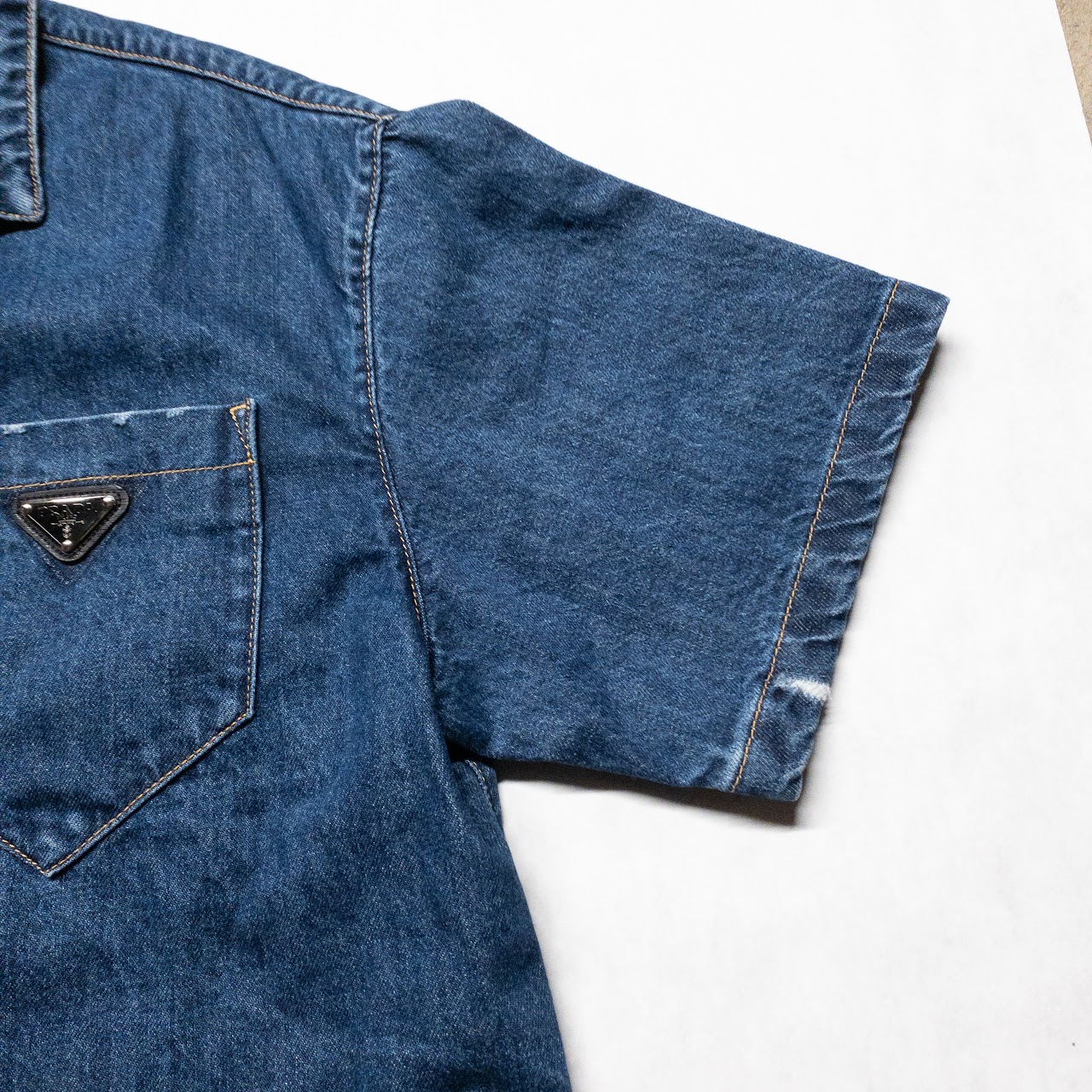 Prada Double Match Triangle Logo Denim Shirt