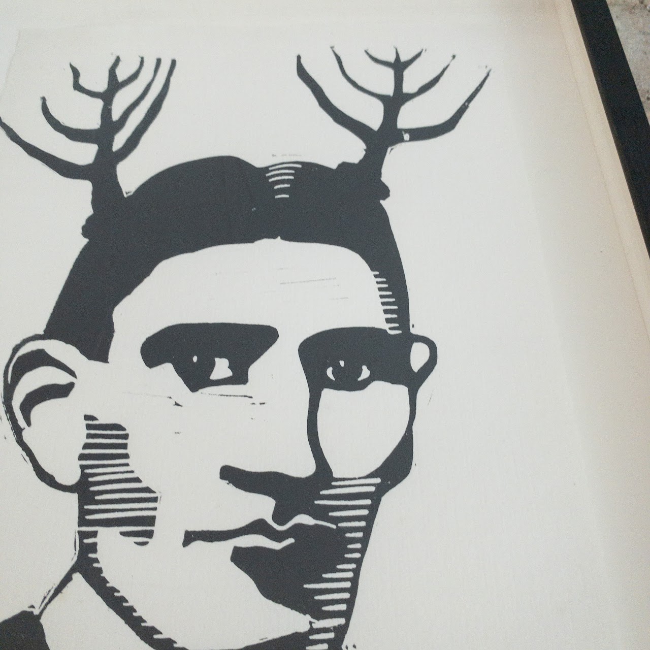 Franz Kafka with Antlers Linocut on Paper