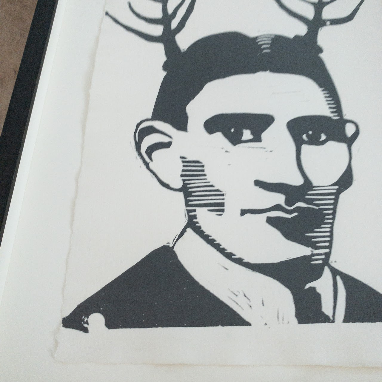 Franz Kafka with Antlers Linocut on Paper