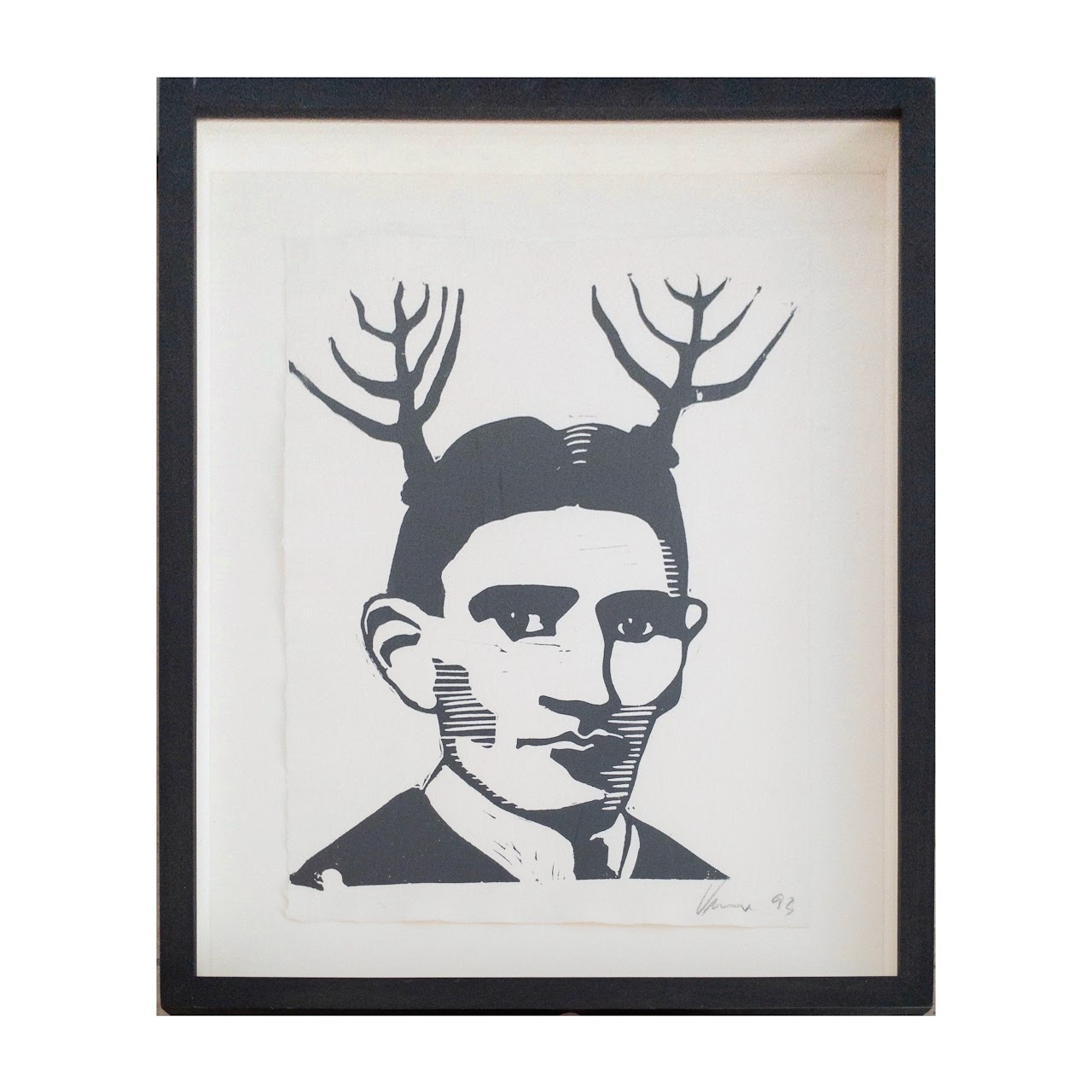 Franz Kafka with Antlers Linocut on Paper