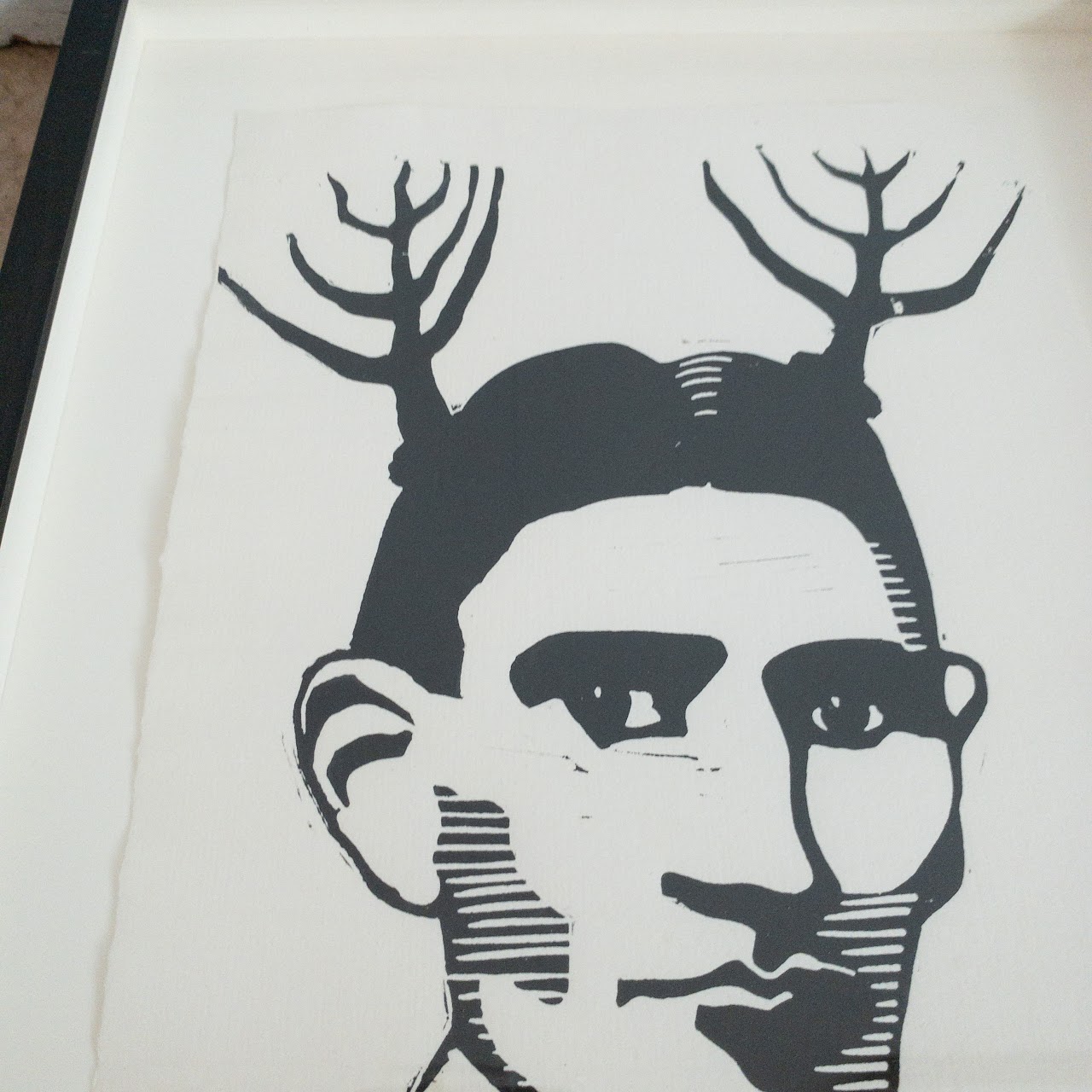 Franz Kafka with Antlers Linocut on Paper