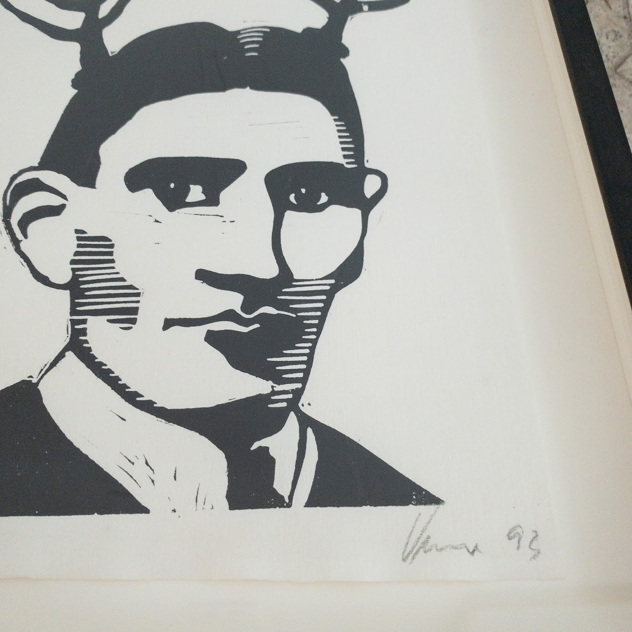 Franz Kafka with Antlers Linocut on Paper