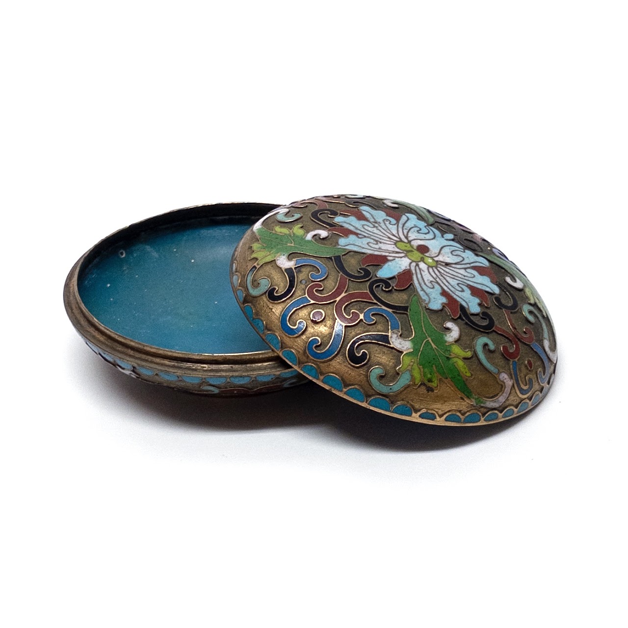 Lidded Chinese Cloisonné Champlevé Enamel Domed Trinket Box