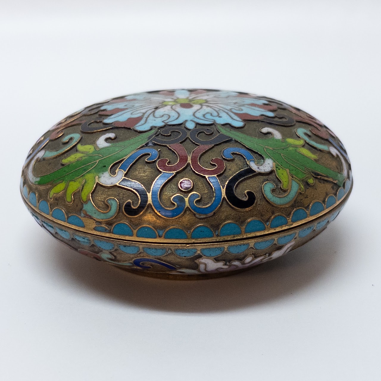 Lidded Chinese Cloisonné Champlevé Enamel Domed Trinket Box